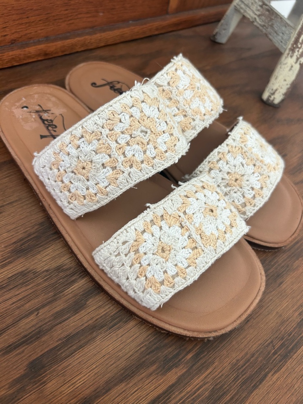Free People Crochet Double-Strap Slide Sandals in Cream and Tan